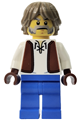 Blacksmith with dark tan hair wearing a white shirt with reddish brown vest and blue legs - cas594