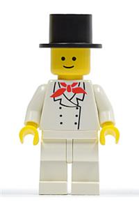 Chef Minifigure - Chef minifigure with white legs, standard grin, and wearing a black top hat - chef003
