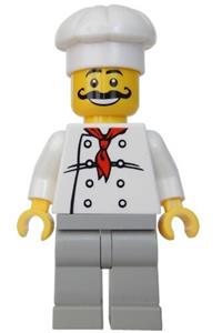 Chef Minifigure - Chef with white torso with 8 buttons, white legs, and a long curly moustache - chef009