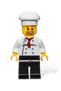 Chef Minifigure - Chef minifigure with white torso featuring 8 buttons, black legs, and a beard around the mouth - chef018