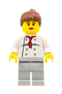 Chef Minifigure - Female chef with white torso with 8 buttons, light bluish gray legs, reddish brown ponytail hair, and black eyebrows - chef019a