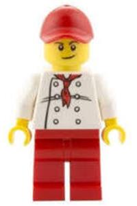 Chef Minifigure - Chef with a white torso with 8 buttons, red legs, and a red cap with a hole - chef023