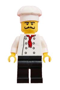 Chef Minifigure - Minifigure chef with black legs, curly long moustache, and 'LEGO House Home of the Brick' print on the back - chef025