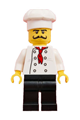 Minifigure chef with black legs, curly long moustache, and 'LEGO House Home of the Brick' print on the back - chef025
