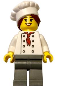 Chef - White Torso with 8 Buttons, Dark Bluish Gray Legs, Hair in Bun chef028