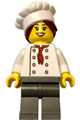 Chef - White Torso with 8 Buttons, Dark Bluish Gray Legs, Hair in Bun - chef028