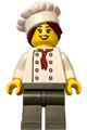 Chef with a white torso with 8 buttons, dark bluish gray legs, and hair in a bun - chef028