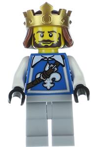 King Minifigure - King warrior with a Fleur de Lis vest, crown, and dark brown beard - col261