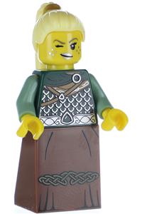 Female Warrior Minifigure - Female warrior with scale mail, reddish brown skirt, bright light yellow hair, and silver lips - col263
