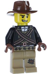 Male Warrior Minifigure - Male warrior with bandoliers wearing dark tan legs with a patch and a fedora hat - col264