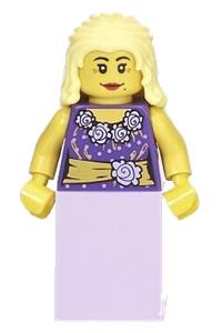 Female Musician Minifigure - Female musician with bright light yellow hair wearing a blouse with gold sash and flowers, paired with a lavender skirt - col265