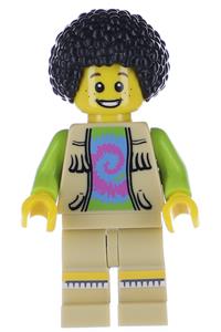 Male Musician Minifigure - Male musician wearing a vest with fringe over a lime top with pink and blue swirl, and black bushy hair - col266