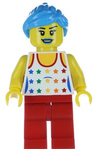 Female Musician Minifigure - Female musician with white top with rainbow stars, red legs, dark azure ponytail and swept sideways fringe, and blue lips - col268