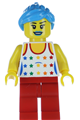 Female musician with white top with rainbow stars, red legs, dark azure ponytail and swept sideways fringe, and blue lips - col268