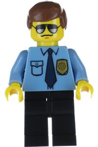 Police Minifigure - Police officer with City shirt, dark blue tie and gold badge, black legs, brown male hair, and sunglasses - col282