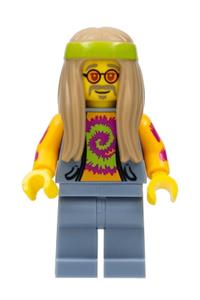 Flower Child Minifigure - A flower child with dark tan long hair wearing orange glasses and a tie dye shirt - col305