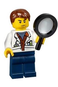 City Jungle Scientist Minifigure - Jungle scientist in a white lab coat with test tubes, dark blue legs, reddish brown parted hair, and a scowl - col309