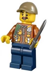 City Jungle Explorer Minifigure - Jungle explorer with a dark orange jacket with pouches, dark blue legs, dark tan cap with a hole, and reddish brown moustache - col311