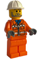 Construction worker with an orange zipper jacket, safety stripes, orange legs, and a white construction helmet - con001