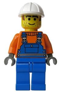 Construction Workman Jon Minifigure - Construction Worker wearing safety stripe blue overalls and a white construction helmet - con002