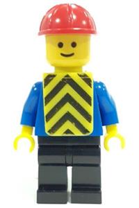 Construction Worker Minifigure - Construction Worker with a plain blue torso and arms, black legs, red construction helmet, and yellow chevron vest - con004