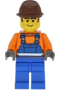 Construction Worker Minifigure - Construction Worker wearing safety stripe blue overalls and a brown cavalry cap - con005