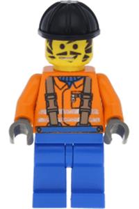 Construction Worker Minifigure - Construction worker in an orange shirt wearing a black construction helmet - con006