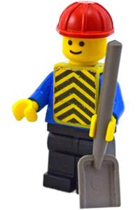 Construction Worker Minifigure - Construction Worker wearing a blue shirt with 6 buttons, black legs, a red construction helmet, and yellow chevron vest - con007