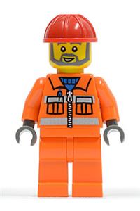 Construction Worker - Orange Zipper, Safety Stripes, Orange Arms, Orange Legs, Red Construction Helmet, Gray Angular Beard con008