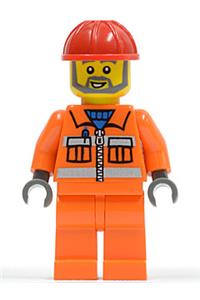 Construction Worker Minifigure - Construction worker with orange zipper, safety stripes, orange arms and legs, red construction helmet, and gray angular beard - con008