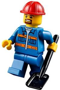 Construction Worker Minifigure - Construction Worker with a red construction helmet, brown moustache, goatee, blue jacket with pockets and orange stripes, blue legs - con009
