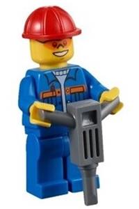 Construction Worker Minifigure - Construction Worker wearing a blue jacket with pockets and orange stripes, blue legs, red construction helmet, and orange sunglasses - con010