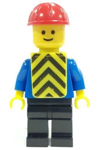 Construction Worker Minifigure - Construction Worker with a plain blue torso and blue arms, wearing black legs, a red construction helmet, and a yellow chevron vest - con013