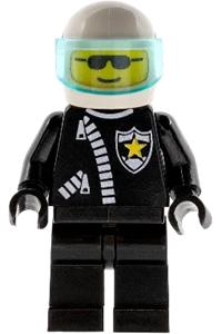 Police Officer Minifigure - Police officer with a white helmet, zipper with sheriff star, trans-light blue visor, and sunglasses - cop005