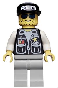 Police Sheriff Minifigure - Sheriff police with a black cap featuring a police pattern, light gray legs, and white arms - cop008