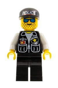 Police Sheriff Minifigure - Sheriff police minifigure with black legs, white arms, and a black cap featuring a police pattern - cop009