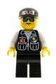 Sheriff police minifigure with black legs, white arms, and a black cap featuring a police pattern - cop009