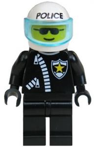 Police Officer Minifigure - Police minifigure wearing a white helmet with police pattern, a zipper with a sheriff star, and a trans-light blue visor - cop010