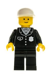 Police Officer Minifigure - Police minifigure in a suit with 4 buttons, black legs, and a white cap - cop012
