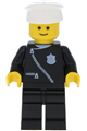 Minifigure wearing a white hat with a police badge on zipper, black legs - cop013