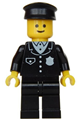 Minifigure wears a police suit with 4 buttons, black legs, and a black hat - cop015