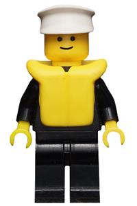Police Officer Minifigure - Police minifigure in a suit with 4 buttons, black legs, white hat, and a life jacket - cop017