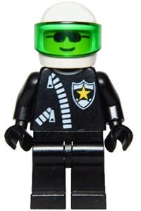 Police Officer Minifigure - Police officer wearing a white helmet with a trans-green visor and a zipper featuring a sheriff star - cop018