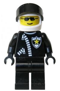 Police Officer Minifigure - Police minifigure with a white helmet, black visor, and zipper featuring a sheriff star - cop019