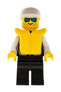 Police Sheriff Minifigure - Police officer wearing a white cap and white arms, with a sheriff star and 2 pockets, black legs, and blue sunglasses - cop020