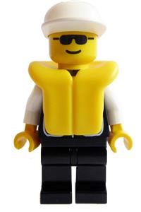 Police Sheriff Minifigure - Police sheriff wearing white cap, white arms, black legs with a life jacket and black sunglasses - cop022