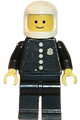 Police minifigure with torso sticker featuring 4 buttons and badge, wearing black legs and a white classic helmet - cop023s