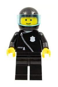 Police Officer Minifigure - A police minifigure wearing a black helmet, badge zipper, black legs, and a translucent-light blue visor - cop027