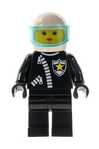 Police Officer Female Minifigure - Female police officer with a white helmet, a translucent light blue visor, and a zipper with a sheriff star - cop029