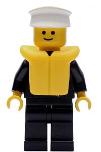 Police Officer Minifigure - A police minifigure with a white hat, wearing a life jacket, zipper with badge, and black legs - cop030